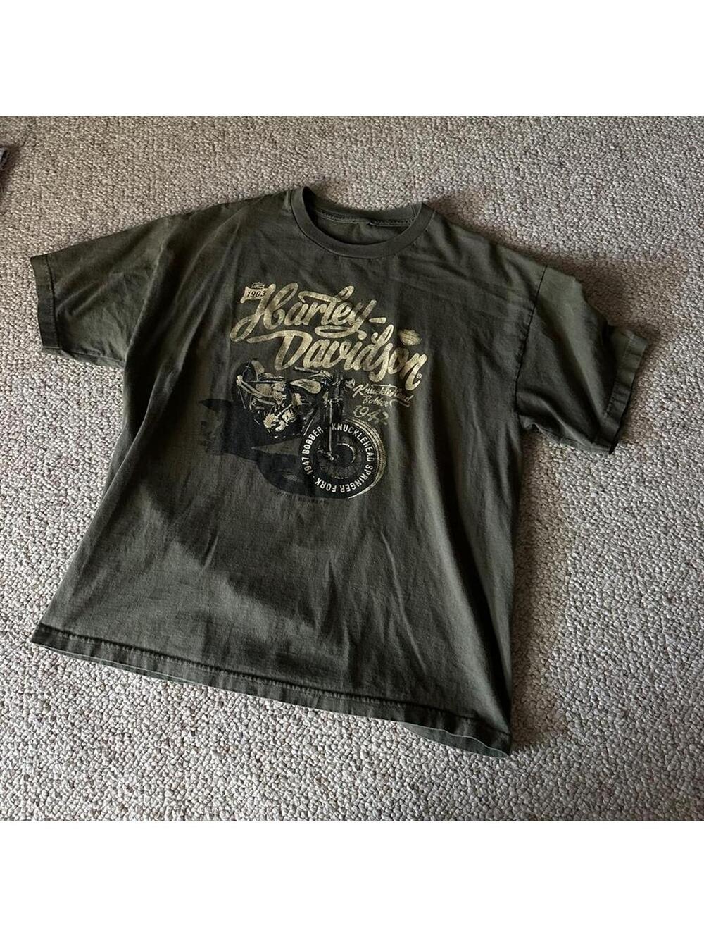 Harley Davidson green t-shirt with motorcycle graphic